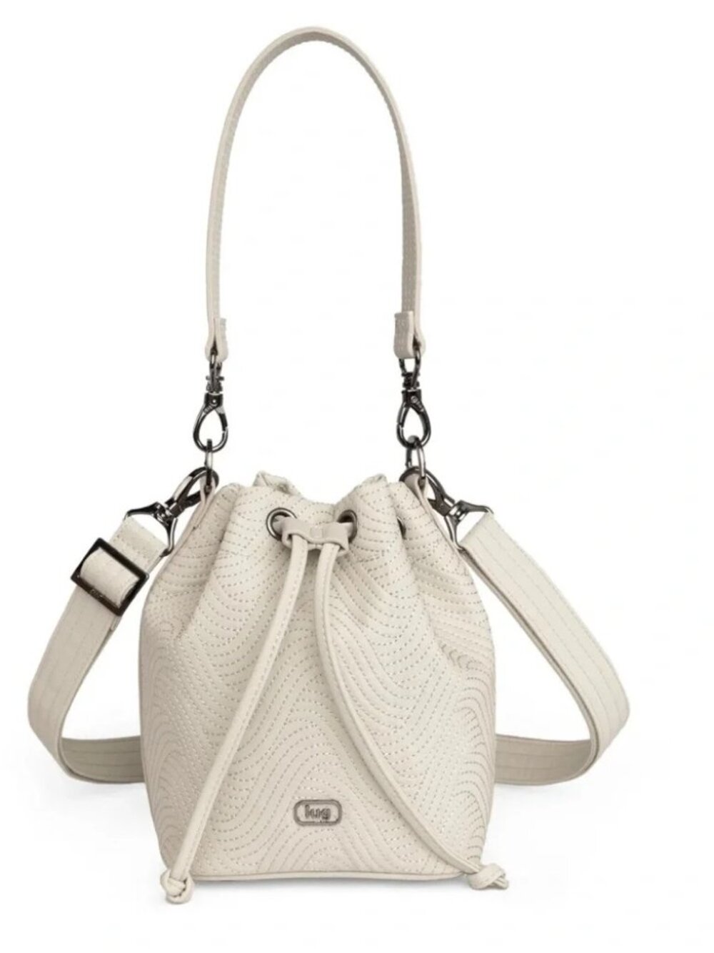Lug Whirlybird Satin Luxe Drawstring Bucket Bag in Pebble NEW